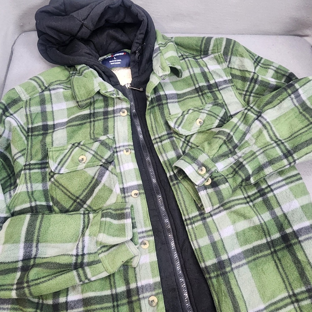 Sportswear Hooded Flannel Jacket Green Plaid Sherpa Lined Mens Large